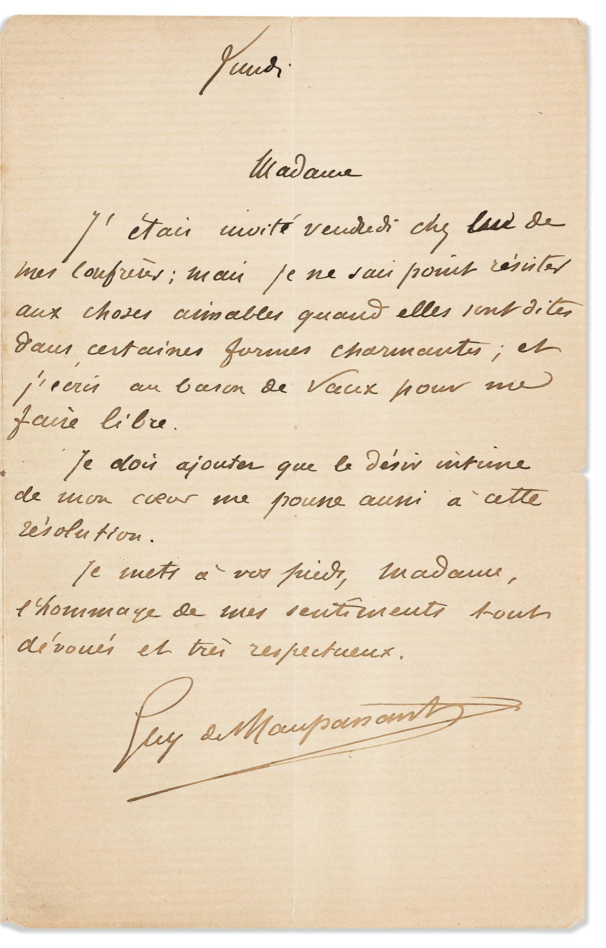 MAUPASSANT, GUY DE. Autograph Letter Signed, to Hortense Howland (Madame), in French,